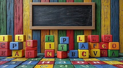 Colorful Alphabet Blocks and Chalkboard Background