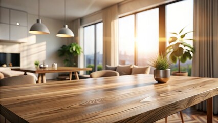 Sunlight streaming through a large window illuminates a wooden dining table in a modern, minimalist home.