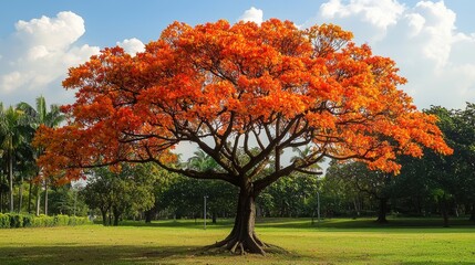 Fototapeta premium Vibrant Tree in Full Bloom in a Park Setting Surrounded by Lush Greenery and Clear Blue Sky