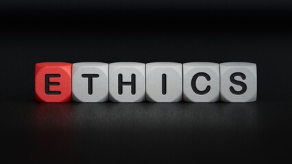 wooden cube with word ethics. Investment in life insurance and healthcare concept.close up of wooden elements,Business Concept.3D rendering on black background.