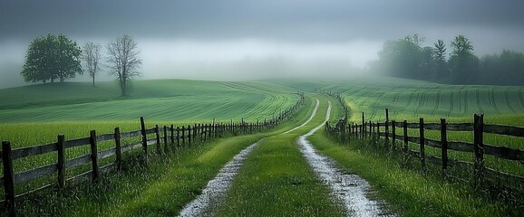 Misty country road winding through green fields, bordered by wooden fences.