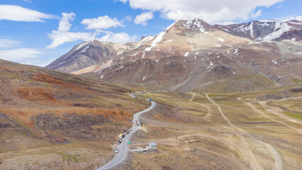 An aerial view of beautiful himalayan mountains in the evening at baralacha pass, leh manali highway lahul, himachal pradesh, India.