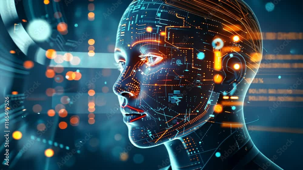 Poster futuristic digital face with glowing circuits and data patterns, showcasing artificial intelligence 