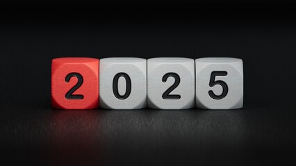 Happy new year 2025 success, investment, profit, money development, savings concept. 2025 number on wood cube blocks.3D rendering on black background.