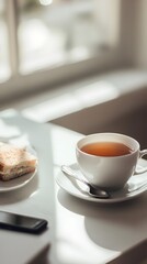 A photograph of an empty white desk with some food and coffee on it, taken from the side