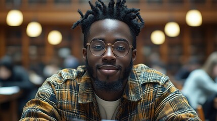 Fototapeta premium Young man smiling in a library setting.