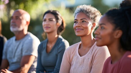 Community Meeting Outdoors with Diverse Members Engaged and Attending in a Serene Setting