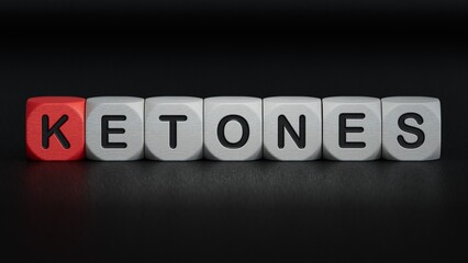 KETONES the word on wooden cubes, cubes. Medicine concept.close up of wooden elements,Business Concept.3D rendering on black background.