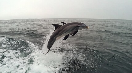 Fototapeta premium A pair of dolphins leaping out of the ocean in perfect synchrony, the water splashing around them.