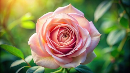 A soft pink rose blossom with delicate petals, illuminated by a gentle sunlight, against a backdrop of lush green foliage.