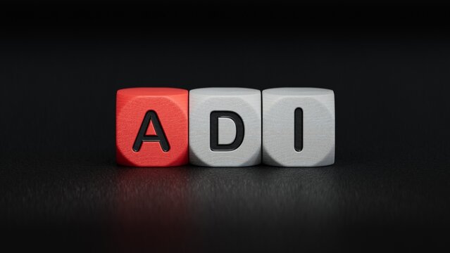 Lettering adi on wooden cubes.close up of wooden elements,Business Concept.3D rendering on black background.