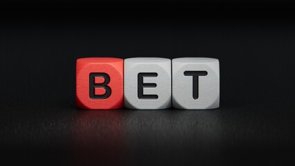 Lettering bet on wooden cubes.close up of wooden elements,Business Concept.3D rendering on black background.