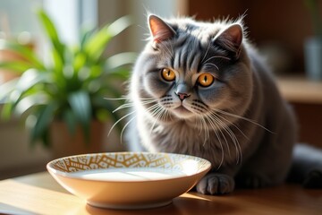 Charming British Shorthair cat with amber eyes ready to enjoy a tasty bowl of milk indoors cat lovers would adore