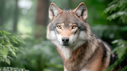 A close-up of a wolf in a lush forest setting.