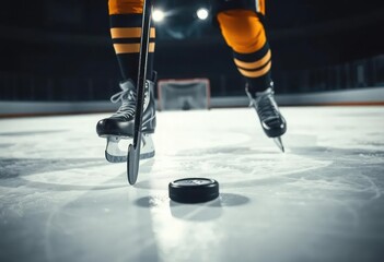 Fototapeta premium Ice hockey player, skates, hockey stick, puck, ice rink, dark background