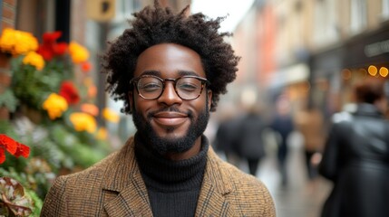 Fototapeta premium Smiling man in a stylish outfit on a busy street.