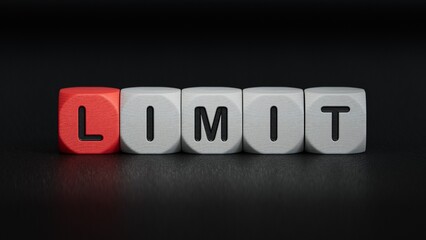 limit word written on wood block. limit text.close up of wooden elements,Business Concept.3D rendering on black background.