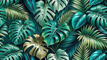 A lush and vibrant tropical foliage pattern featuring a variety of large, green leaves with intricate details.