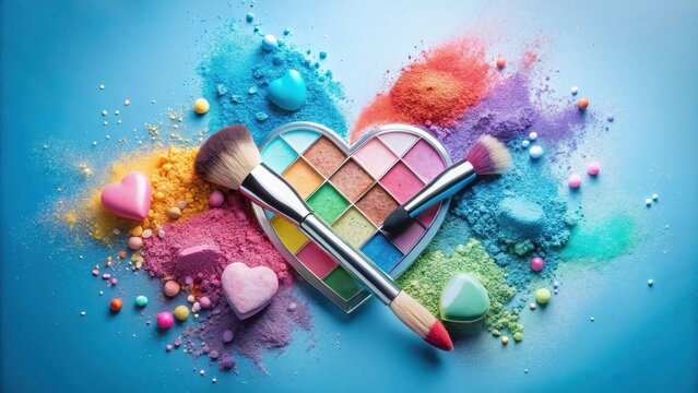 A heart-shaped makeup palette surrounded by colorful powder and brushes, symbolizing the artistry and beauty of makeup. - Powered by Adobe