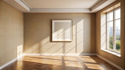 Obraz premium A sunlit empty room with a framed canvas on a pale beige wall and hardwood floors