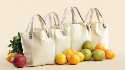 Four canvas bags filled with fruits on a light background.