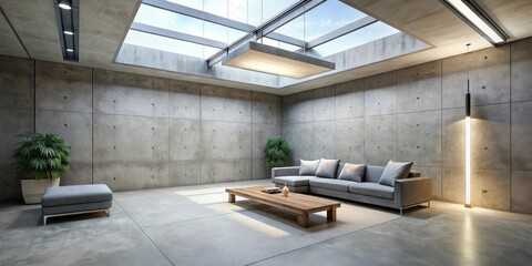 Minimalist living room with concrete walls, a gray sectional sofa, a wooden coffee table, a skylight, and natural light streaming in
