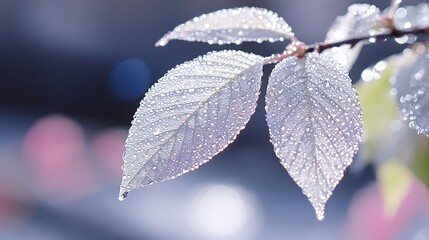 Dew-covered leaves on a branch, sunlight reflecting off the water droplets.