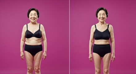 Transformation journey of mature asian woman in black underwear against vibrant pink background