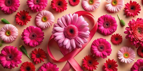 Fototapeta premium Aerial Pink Ribbon Gerbera Daisies Beige Background AI Photography