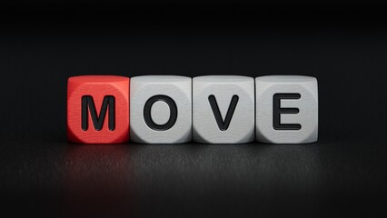 MOVE, word cube with white background.close up of wooden elements,Business Concept.3D rendering on black background.