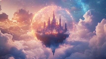 A Glowing Castle Floating Above Clouds In A Dreamlike Sky