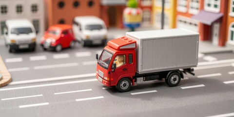 Obraz premium Red toy truck delivering packages in a colorful miniature town, model, small, miniature