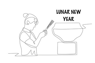 Woman praying with incense. Lunar new year concept one-line drawing