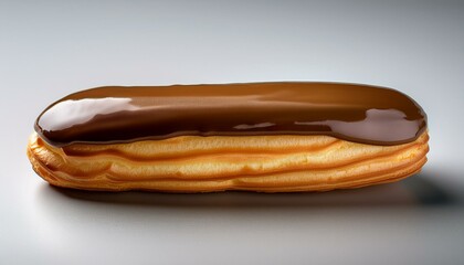 焼きたてのエクレアがライトグレーの背景に配置され、シンプルでありながらも豪華な雰囲気が漂う洗練されたシーン
