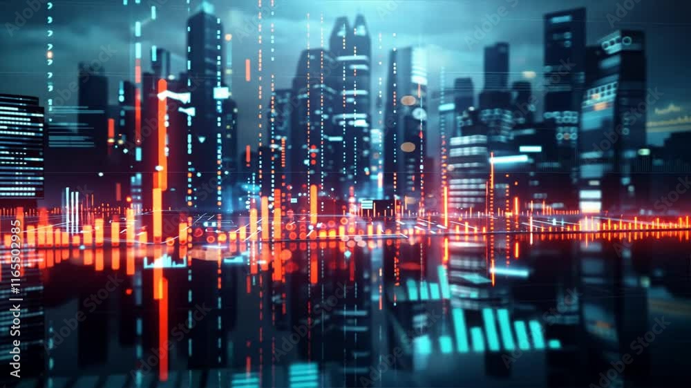 Poster futuristic urban skyline digital data visualization with neon lights showcasing technology and innov