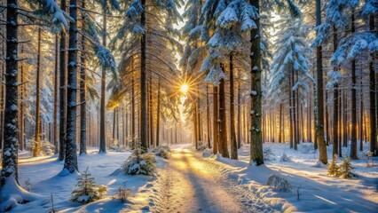 Golden rays of sunlight pierce through the snow-laden branches of a wintry forest, illuminating a path that winds through the trees.