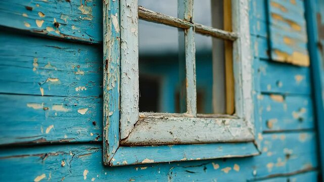 Old blue wooden wall with a weathered window frame showcasing peeling paint and rustic charm