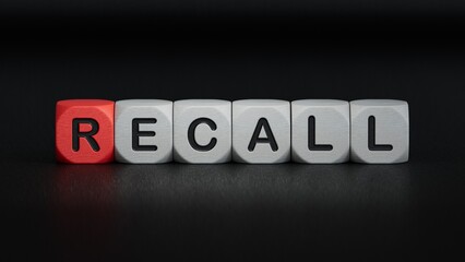 Recall written on cubes on wooden background.close up of wooden elements,Business Concept.3D rendering on black background.