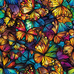 stained glass, seamless pattern, A vibrant collage of colorful butterflies in various shades and patterns, creating a lively and artistic visual display.