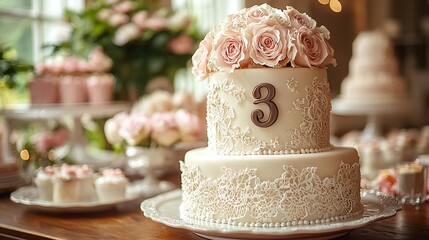 Fototapeta premium Two-tiered wedding cake decorated with roses and lace, number 3 on top.