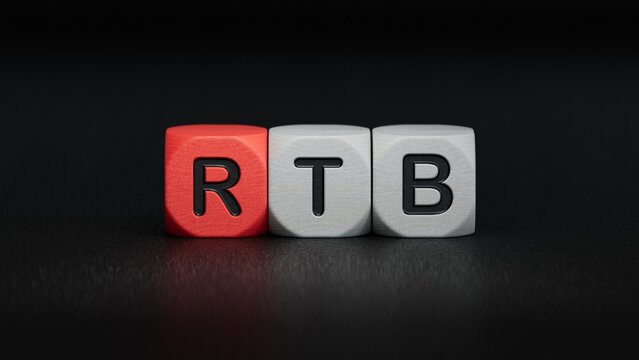 rtb, real, time, bidding. wooden table with cubes. text on wood blocks.close up of wooden elements,Business Concept.3D rendering on black background. 