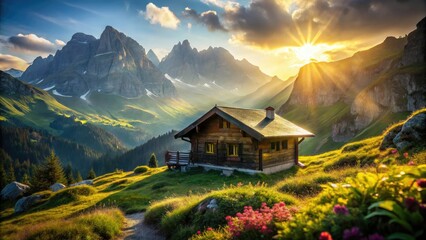 Fototapeta premium Alpine Hut Austria Mountain Landscape High Definition Depth of Field