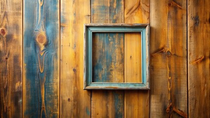 Rustic wooden wall with a weathered blue and green frame, ideal for displaying a family photo or a cherished artwork.