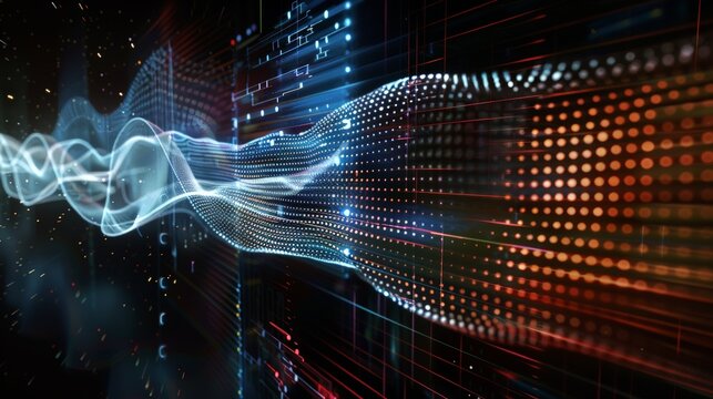 Abstract digital wave of binary code flowing in cyberspace, creating a futuristic technological background