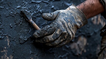 Fototapeta premium Close-up of a gloved hand applying dark gray sealant to a textured surface with a small tool.