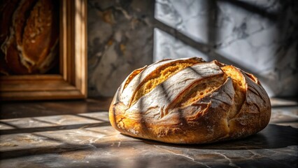 A freshly baked loaf of sourdough bread rests on a marble countertop, bathed in the warm glow of sunlight streaming through a nearby window.
