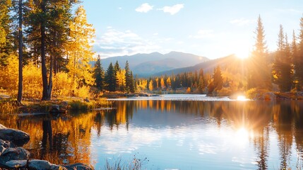 Naklejka premium Golden autumn sunset reflected in a calm lake, surrounded by colorful trees and mountains.