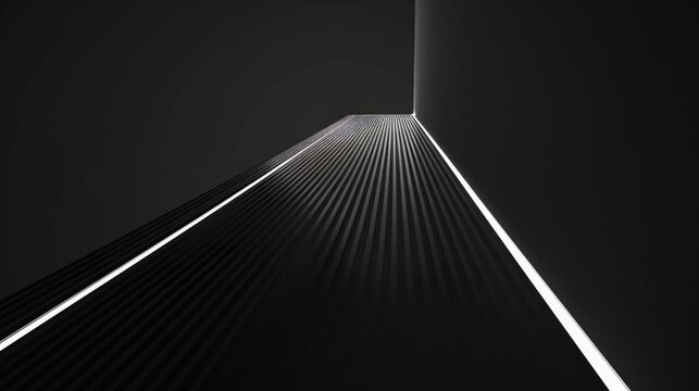 Parallel lines converging towards a bright light source in a dark, modern space, creating a sense of depth and futuristic perspective