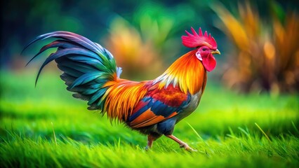 Fototapeta premium Asian Rooster Long Exposure Green Grass AI Photo, Stunning Rural Scene, Beautiful Farm Animal