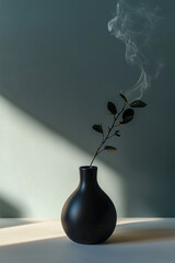 A black vase with a leaf in it sits on a table